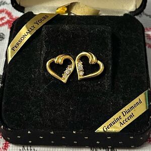 Heart Shaped Genuine Diamond Accent Gold Layered Earrings New in Box